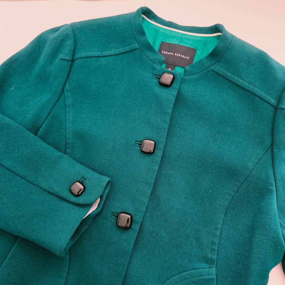 Banana Republic Wool Jacket Teal Green Button Front Collarless Womens Size 14